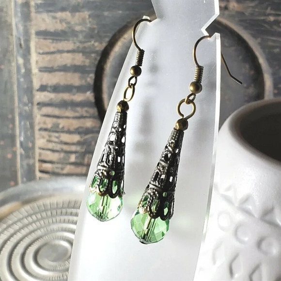 Bronze Faceted Crystal Spring Green Antiqued Filigree Teardrop Earrings - Picture 3 of 8